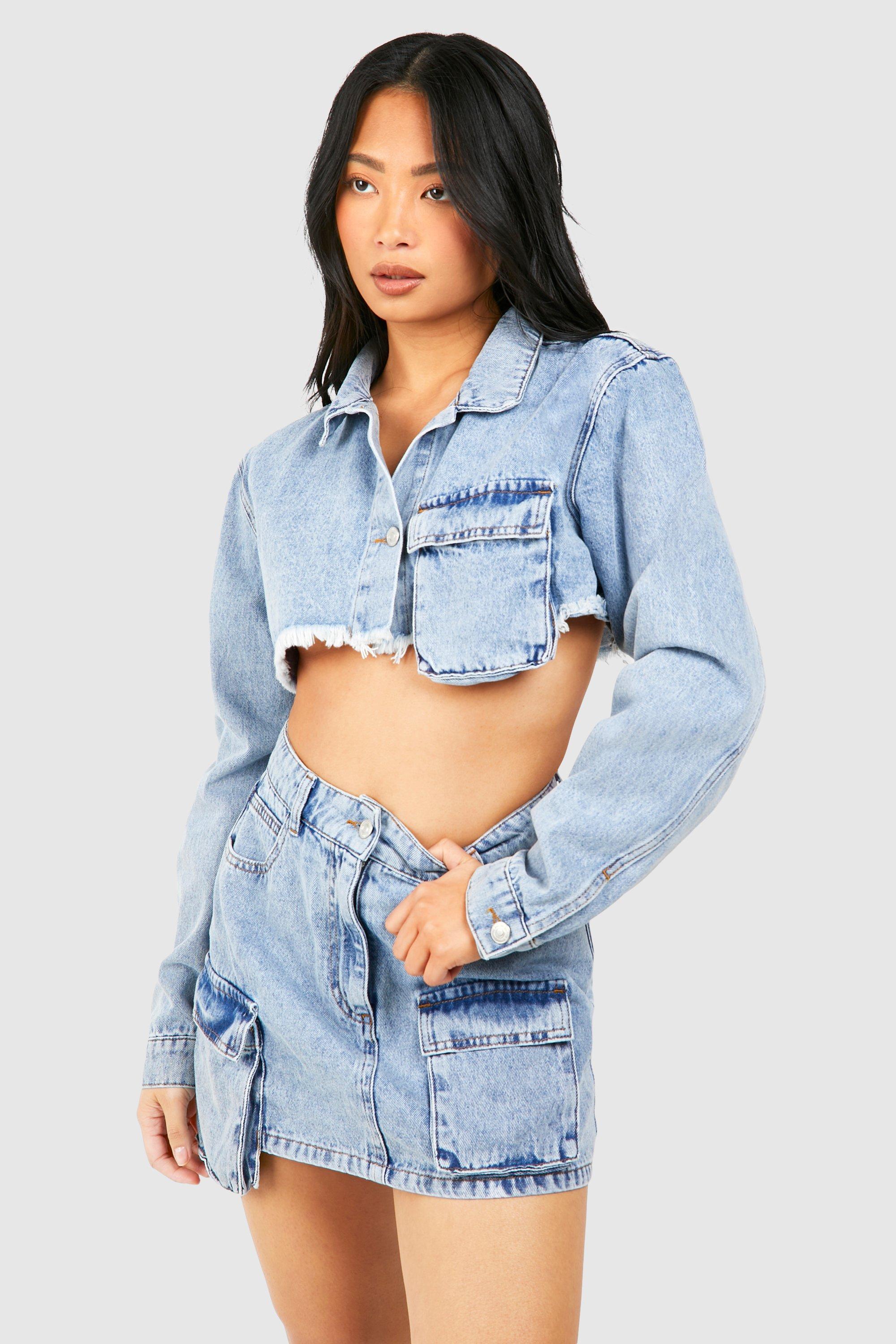 Petite Acid Wash Cargo Mini Skirt